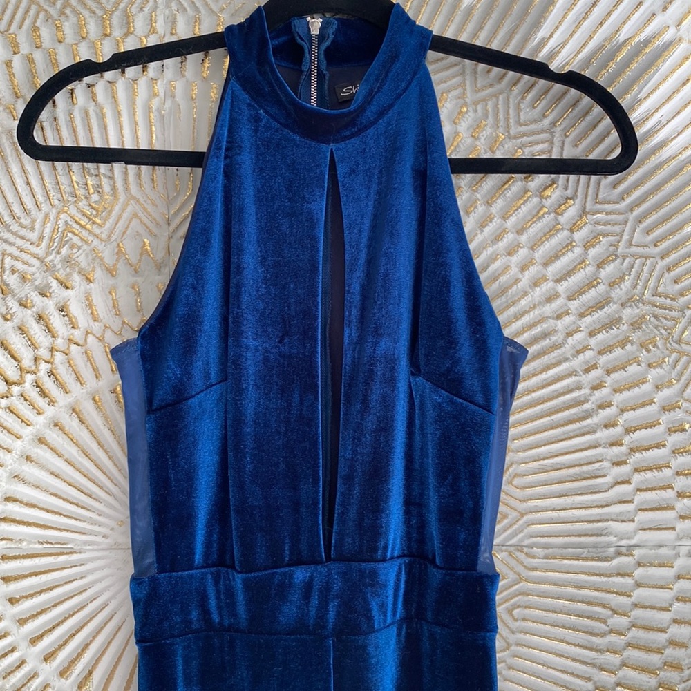Shinestar Plunging Neckline Blue Velvet Jumpsuit